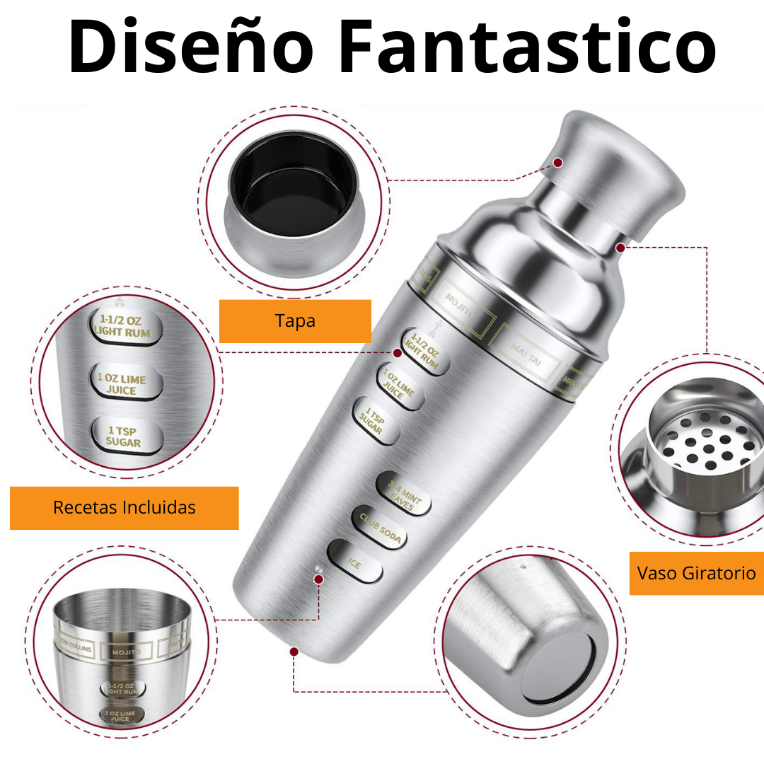 Kit Coctelera Rotativa con recetas 5 piezas Acero